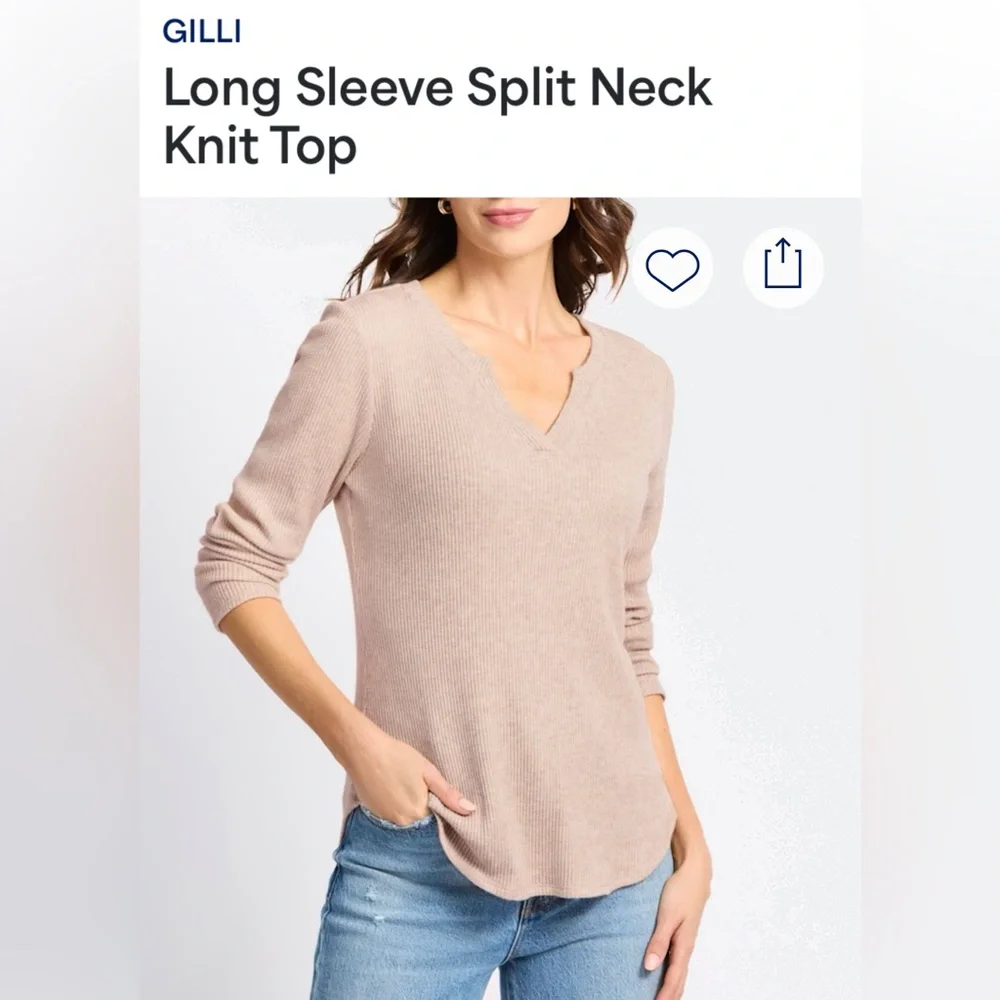 Gilli Ribbed Split V-Neck Top in Beige - Picture 1 of 4